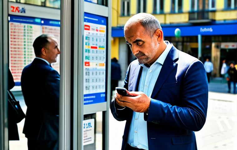 A professional Georgian man in a smart casual business outfit stands on a sunlit, bustling street in central Tbilisi. He is calmly checking the exchange rate on his smartphone, his expression thoughtful. In the background, tourists are visible, enjoying the vibrant atmosphere, and a modern currency exchange board displays various exchange rates. The scene captures the essence of daily economic life in a lively urban setting. Professional photography, high detail, natural lighting, perfect anatomy, correct proportions, well-formed hands, proper finger count, natural body proportions, fully clothed, modest clothing, appropriate attire, professional dress, safe for work, appropriate content, family-friendly.
