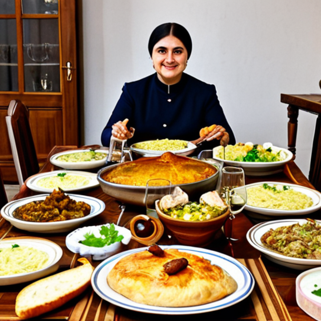Traditional Georgian Feast**

A long table laden with traditional Georgian dishes: *satsivi* (chicken in walnut sauce), *khachapuri* (cheese bread), *mtsvadi* (grilled meat skewers), *pkhali* (vegetable spreads), various cheeses, and *churchkhela* (candle-shaped candy) visible. Wine glasses and pitchers filled with wine are also on the table. The scene is set in a warm, inviting dining room with traditional Georgian décor, featuring wooden furniture and colorful textiles. Focus on the abundance and variety of the food. Lighting is warm and inviting. Perfect anatomy, correct proportions, natural pose, well-formed hands, proper finger count, natural body proportions, fully clothed, appropriate attire, safe for work, appropriate content, professional, family-friendly.

**