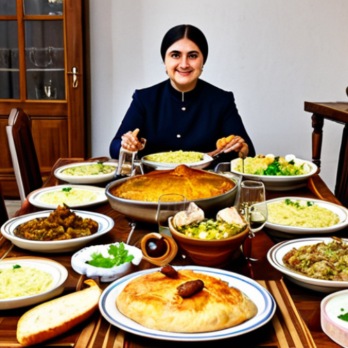 Home 7 Traditional Georgian Feast**
A long table laden with traditional Georgian dishes: *satsivi* (chicken in walnut sauce), *khachapuri* (cheese bread), *mtsvadi* (grilled meat skewers), *pkhali* (vegetable spreads), various cheeses, and *churchkhela* (candle-shaped candy) visible. Wine glasses and pitchers filled with wine are also on the table. The scene is set in a warm, inviting dining room with traditional Georgian décor, featuring wooden furniture and colorful textiles. Focus on the abundance and variety of the food. Lighting is warm and inviting. Perfect anatomy, correct proportions, natural pose, well-formed hands, proper finger count, natural body proportions, fully clothed, appropriate attire, safe for work, appropriate content, professional, family-friendly.
**
