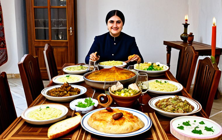 Traditional Georgian Feast**

A long table laden with traditional Georgian dishes: *satsivi* (chicken in walnut sauce), *khachapuri* (cheese bread), *mtsvadi* (grilled meat skewers), *pkhali* (vegetable spreads), various cheeses, and *churchkhela* (candle-shaped candy) visible. Wine glasses and pitchers filled with wine are also on the table. The scene is set in a warm, inviting dining room with traditional Georgian décor, featuring wooden furniture and colorful textiles. Focus on the abundance and variety of the food. Lighting is warm and inviting. Perfect anatomy, correct proportions, natural pose, well-formed hands, proper finger count, natural body proportions, fully clothed, appropriate attire, safe for work, appropriate content, professional, family-friendly.

**