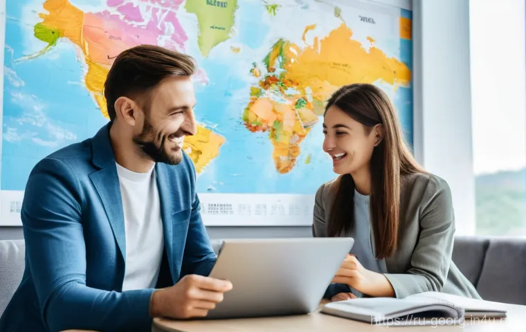 조지아 항공편 예약 꿀팁 - **Prompt: Early Bird Flight Planners**
    A diverse young couple (or a small family with an older c...