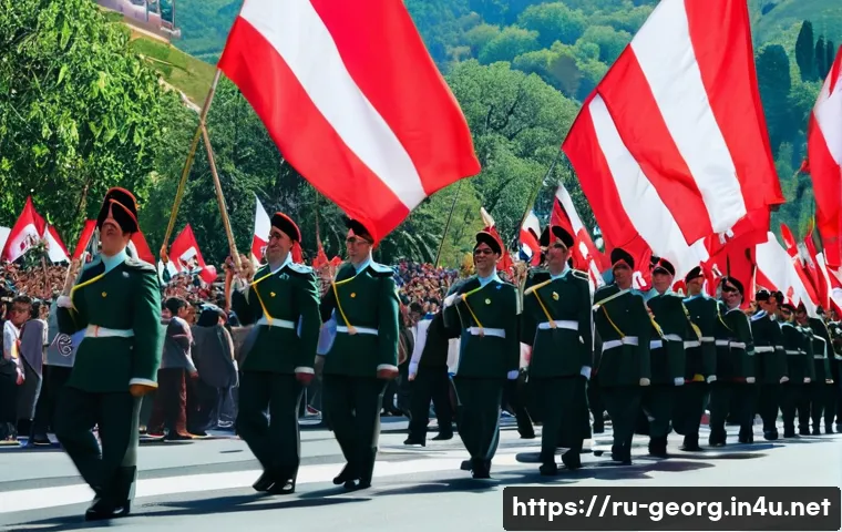 조지아 독립 기념일 행사 - **Prompt:** "A vibrant scene on Rustaveli Avenue in Tbilisi during Georgia's Independence Day celebr...