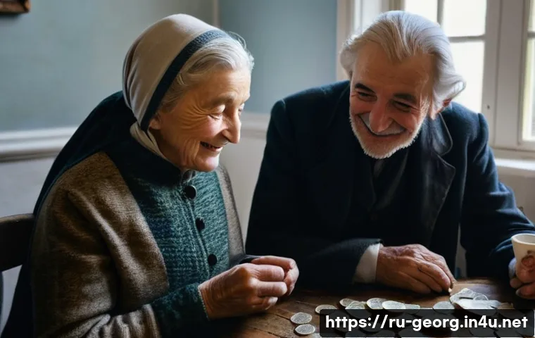 조지아의 공공 복지 정책 - **Prompt:** A warm and cozy interior scene depicting an elderly Georgian couple, both dressed in tra...