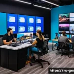 Home 19 조지아 국내 미디어 산업 - A vibrant digital media studio in Georgia showcasing young content creators filming short videos and...