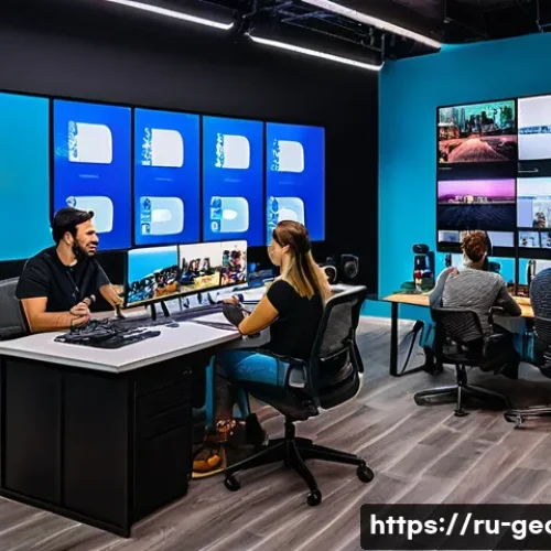 Home 13 조지아 국내 미디어 산업 - A vibrant digital media studio in Georgia showcasing young content creators filming short videos and...
