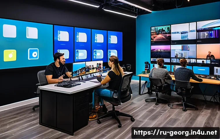 조지아 국내 미디어 산업 - A vibrant digital media studio in Georgia showcasing young content creators filming short videos and...