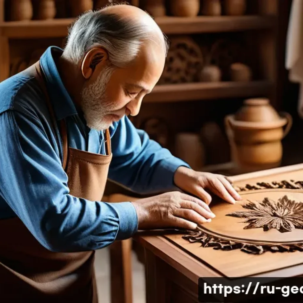 조지아 민속 공예품 - A skilled Georgian woodcraft artisan in a traditional workshop, carefully selecting and hand-carving...