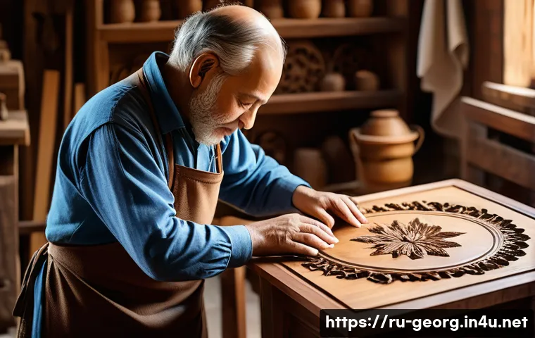 조지아 민속 공예품 - A skilled Georgian woodcraft artisan in a traditional workshop, carefully selecting and hand-carving...