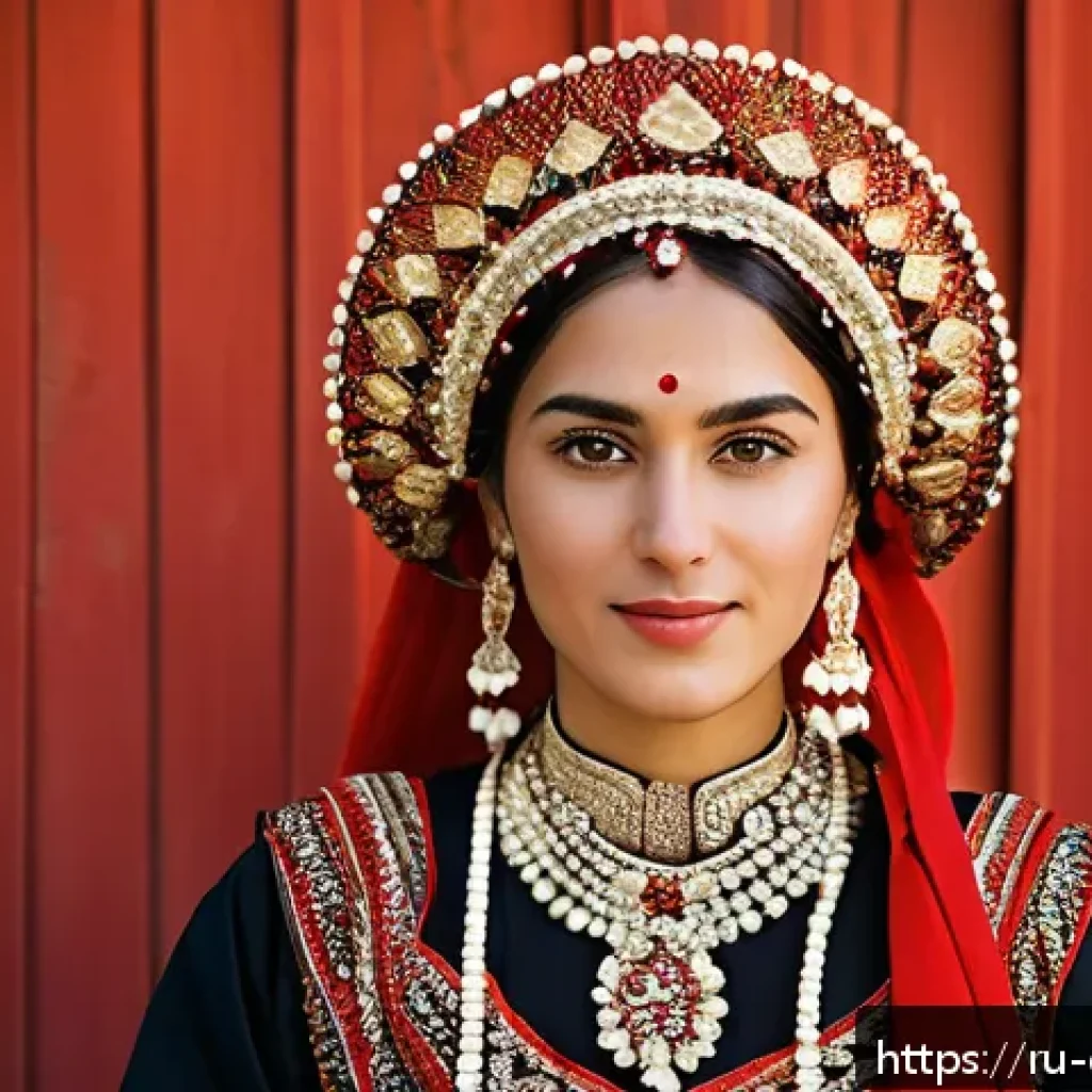 조지아 전통 의상 - A detailed portrait of a Georgian woman dressed in a traditional Kakhetian costume, featuring rich r...