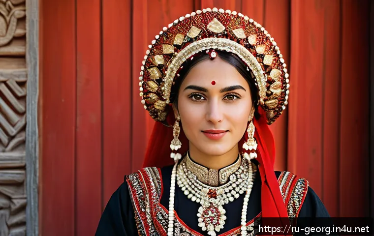 조지아 전통 의상 - A detailed portrait of a Georgian woman dressed in a traditional Kakhetian costume, featuring rich r...
