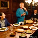 조지아 현지 주민과의 소통 방법 - A warm Georgian family gathering inside a traditional home, featuring a large wooden table filled wi...
