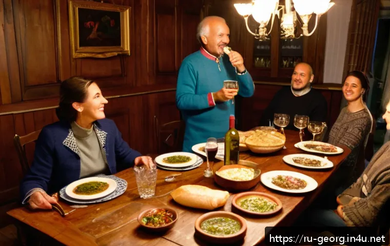 조지아 현지 주민과의 소통 방법 - A warm Georgian family gathering inside a traditional home, featuring a large wooden table filled wi...