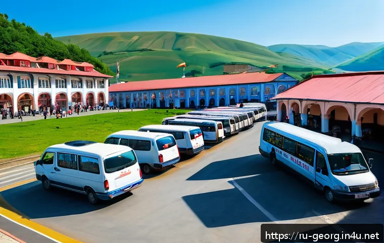 조지아 도시 간 이동 옵션 - A bustling Georgian minibus (marshrutka) station scene in the daytime, showing a variety of colorful...