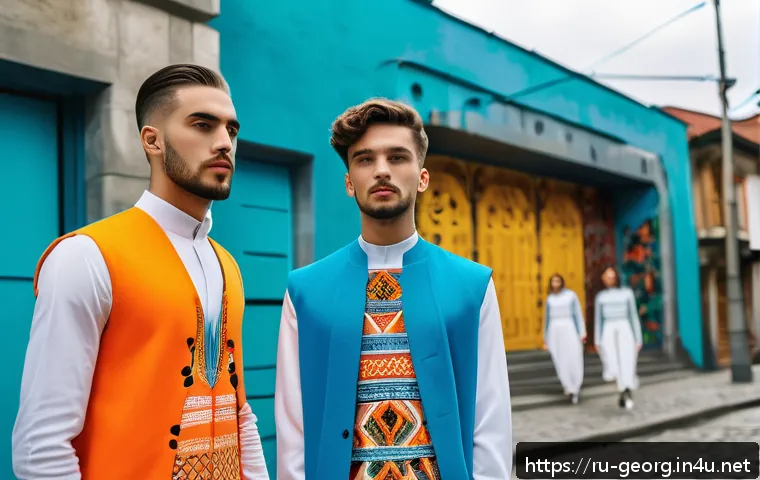 조지아의 청년 문화 트렌드 - A vibrant street scene in Tbilisi showcasing young Georgian fashion designers blending traditional n...