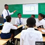 조지아 국제학교와 교육 환경 - A bright, modern international school classroom in Georgia, filled with diverse students aged around...