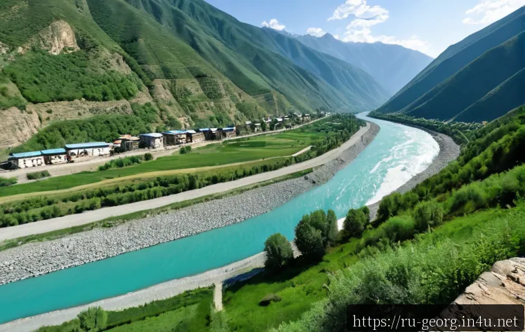 조지아의 유명 강과 호수 - Photorealistic panoramic view of the Aragvi River in Georgia, winding through lush green Caucasus mo...