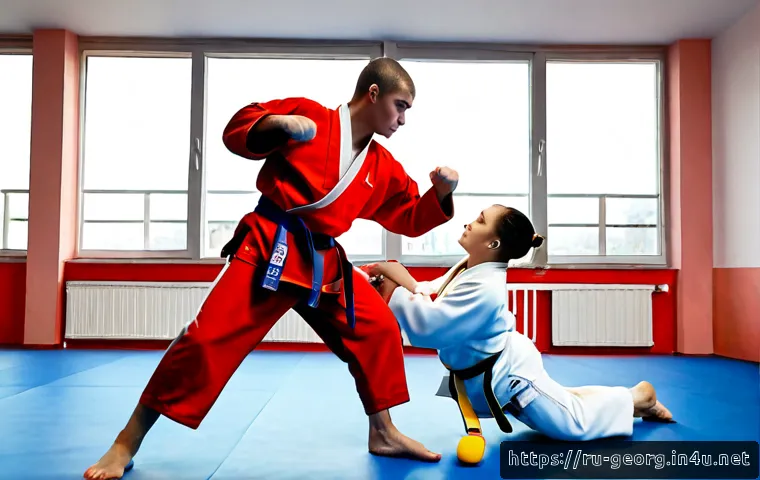 조지아 스포츠와 올림픽 - Photorealistic editorial sports scene in Tbilisi, Georgia: a focused young female wrestler and male ...
