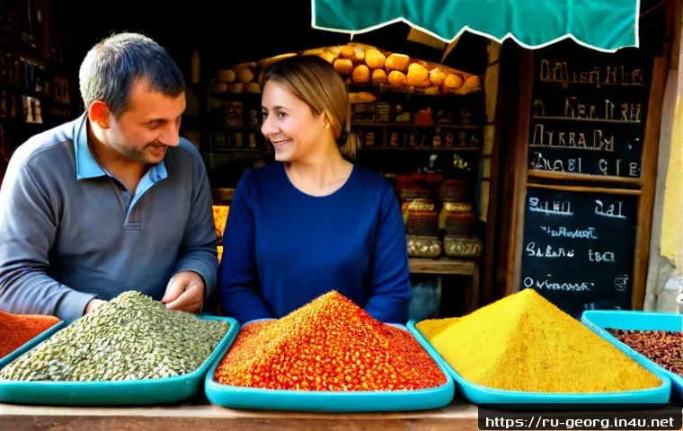 Home 17 조지아에서의 쇼핑 가이드 - Photorealistic shopping scene in Tbilisi, Georgia: a Russian-speaking tourist couple browsing a live...